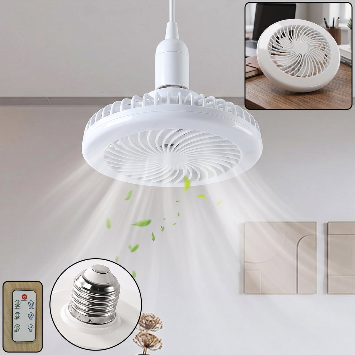Remote control ceiling fan with light and E27 socket LED lamp for home (1 set)