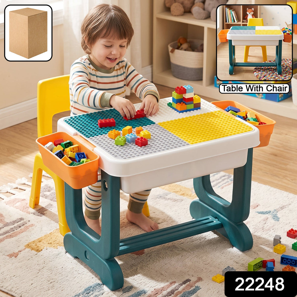 Children's building block table with chair and storage bins
